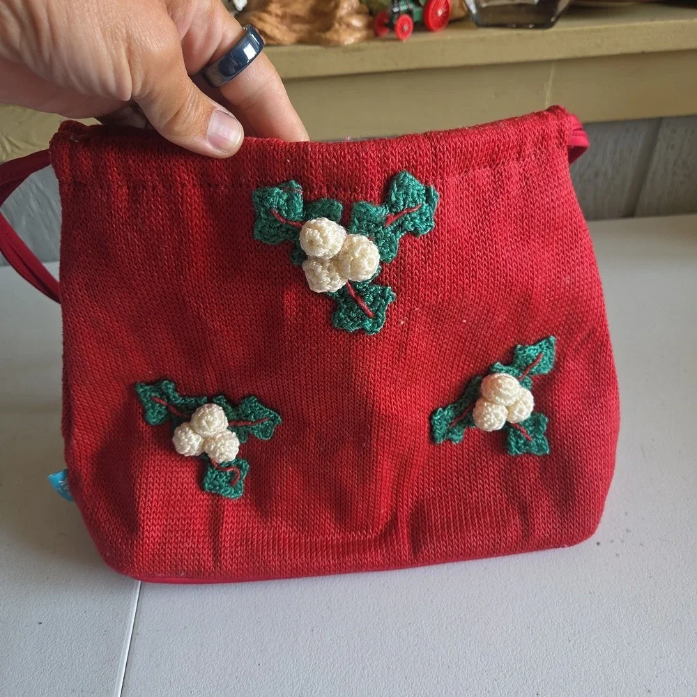 The Sak Knit Embroidery Holiday Shoulder Bag Holly Berries Magnetic Snap Close